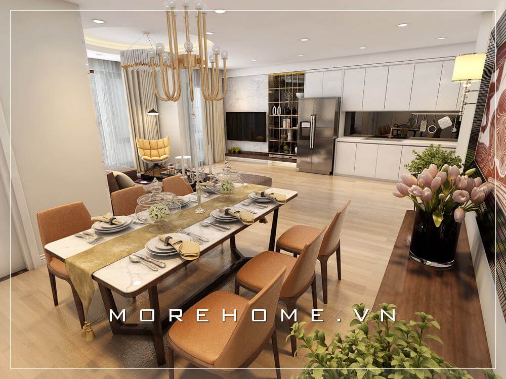 Thiết kế nội thất phòng bếp chung cư với tone màu trắng hiện đại tạo nên không gian thoáng mát và sạch sẽ hơn